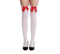 Bismaa Womens White Thigh High Stocking With Red Bow - Adults Long Lace Hold Up Stockings With Satin Bow For Fancy Dress Costumes