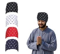 BISMAADH 4 Pack Bamboo Cotton Sikh Symbol Khanda Printed Patka Durag Headcover Skull Cap Beanies, Black + Blue + White + Red, One size