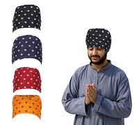 BISMAADH 4 Pack Bamboo Cotton Sikh Symbol Khanda Printed Patka Durag Headcover Skull Cap Beanies, Black + Blue + Maroon + Kesari, One size