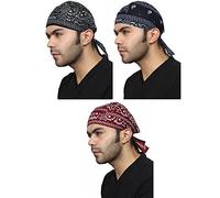 BISMAADH Paisley Print Cotton Headwrap Skull Cap Doo Rag Sweat Wicking Patka for Men & Women, Black, Blue & Maroon, One size