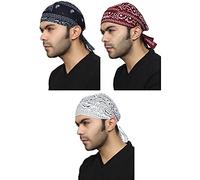 BISMAADH Paisley Print Cotton Headwrap Skull Cap Doo Rag Sweat Wicking Patka for Men & Women, Blue, Maroon & White, One size