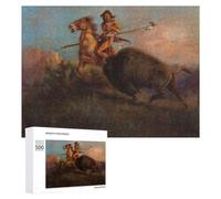 Bison Attacking Indian Classic Wooden Jigsaw Puzzle for Adults, 500 PCS