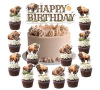 Bison Birthday Cake Cupcake Toppers Buffalo Bison Birthday Party Decorations Western Bison Cake Decor Double-Sided for Boys Farm Animals Theme Wild West 1st 2nd 3rd Birthday Party Decor Supplies