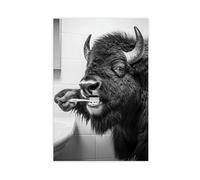 Bison Brushing Teeth, Funny Bathroom Wall Art, Cute Laundry Room Decor, Animals in Bathroom, Retro Bison Humor Print, Ai Art-1