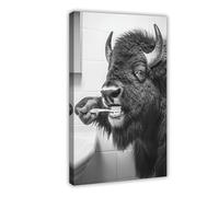 Bison Brushing Teeth, Funny Bathroom Wall Art, Cute Laundry Room Decor, Animals in Bathroom, Retro Bison Humor Print, Ai Art-1