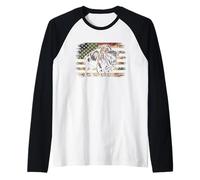 Bison Camo USA Flag T-Shirt - Patriotic Buffalo Hunting Raglan Baseball Tee