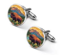 Bison Cow Forests Woods Mountain Shirt Cufflinks for Men Cuff Links Tie Father Husband Wedding Business 2.0cm
