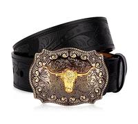BISON DENIM Mens Western Leather Cowboy Belt - Longhorn Cow Pattern Buckle with Floral Longhorn Bull Texas Buckle Belts