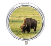 Bison Eats Grass Pill Box 3 Compartment Round Metal Pill Organizer Portable Mini Travel Medicine Case with Mirror Cute Medicine Container Holder for Pocket Purse