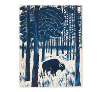Bison Grazing in Forest Blue Landscape Painting Wall Art Print Artery8 Blue W24 inch x H32 inch