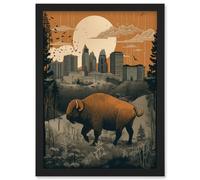 Bison in Forest by Urban Cityscape Modern Landscape Artwork Framed Wall Art Print A4 Artery8 Black One Size