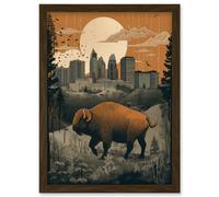 Bison in Forest by Urban Cityscape Modern Landscape Artwork Framed Wall Art Print A4 Artery8 Brown One Size