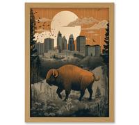 Bison in Forest by Urban Cityscape Modern Landscape Artwork Framed Wall Art Print A4 Artery8 Light Oak One Size
