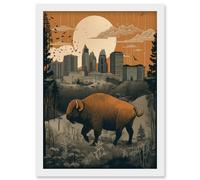 Bison in Forest by Urban Cityscape Modern Landscape Artwork Framed Wall Art Print A4 Artery8 White One Size
