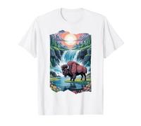 Bison & Mountain Waterfall Serene Nature Landscape Value Graphic T-Shirt, Men, White, M