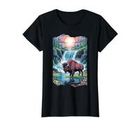 Bison & Mountain Waterfall Serene Nature Landscape Value Graphic T-Shirt, Women, Black, S