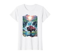 Bison & Mountain Waterfall Serene Nature Landscape Value Graphic T-Shirt, Women, White, L