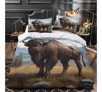 Bison standing 3D Printed 3-Piece Quilt Cover Wildlife art style Bed Cover Set Anti-Fungal Microfiber Concealed Zipper for Toddlers Kids Adults Young Adults Single（140x200cm）