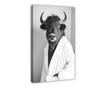 Bison Wearing A Bathrobe, Funny Bathroom Wall Art, Cute Laundry Room Decor, Retro Animals in Bathroom, Cute Bison Print, Ai Art-1