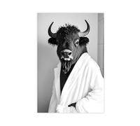 Bison Wearing A Bathrobe, Funny Bathroom Wall Art, Cute Laundry Room Decor, Retro Animals in Bathroom, Cute Bison Print, Ai Art-1