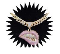 BISONBLUE Necklace Chain Pendant Men Women Punk Link Chains Men Women Hip Hop Bite Lip Shape Pendant Necklace With 13Mm Crystal Iced Out Bling Hiphop Necklaces Fashion Goldcolor