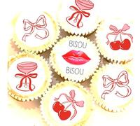 Bisou Bisou Cupcake Toppers - 4cm x 24 - Edible Icing or Wafer - French Illustration Bow Kiss Lips Cake Decorations - Valentines - Wedding - Engagement - Birthday - Party Cakes (Edible Icing)