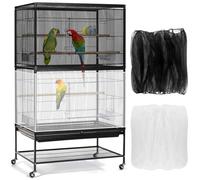 Bissap 2 PCS Bird Cage Seed Catcher, 59-90'' Universal Birdcage Net Nylon Adjustable Elastic Band Stretchy Skirts Mesh Cover for Parrot Cage Seed Guard (Not Include Birdcage)- White & Black