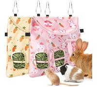 Bissap 2PCS Rabbit Hay Feeder Bag, 2 Holes Hanging Hay Feeder Guinea Pig Hay Bag for Rabbits Bunny Chinchillas Hamsters Rats and Other Small Pets Small Animal - Pink & Beige