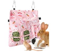 Bissap Rabbit Hay Feeder Bag, 2 Holes Hanging Hay Feeder Guinea Pig Hay Bag with Side Pocket for Rabbits Bunny Chinchillas Hamsters Rats and Other Small Pets Small Animal - S (Pink)