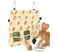 Bissap Rabbit Hay Feeder Bag, 2 Holes Hanging Hay Feeder Guinea Pig Hay Bag with Side Pocket for Rabbits Bunny Chinchillas Hamsters Rats and Other Small Pets Small Animal - Beige