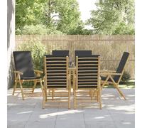 Bistro Chairs 6pc Bamboo Folding Grey Cushions 77x55x99-110cm Outdoor Dining Set