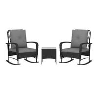 Bistro Set 3pc Black PE Rattan Steel Rocking Chairs 74x80x98cm Glass Table set