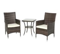 Bistro Set 3pc Brown PE Wicker Rattan Table & 2 Chairs Cushions UV TempGlass Top