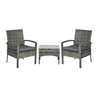 Bistro Set 3PC Grey PE Rattan Steel Frame Tempered Glass 59x59x84cm 2xChairs Set