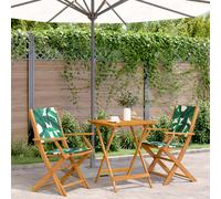 Bistro Set Green Leaf Pattern Acacia Wood Table 60x60x75cm + 2 Folding Chairs UK