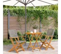 Bistro Set Grey 3pc PE Rattan Acacia Foldable Table & 2 Chairs 70x75cm Outdoor