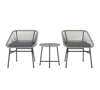 Bistro Set Light Grey PE Rattan 2 Chairs & Glass Top Table 63x65x76cm Cushions.
