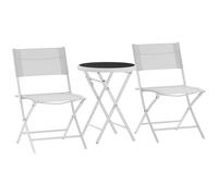Bistro Set White Metal Tempered Glass 80Hx55Lx46W cm Mesh 3-Piece Foldable Patio