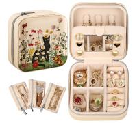 Bistup Travel Jewelry Case - Small Jewelry Organizers and Storage Box for Women Girls Teens Cute Traveling Jewelry Holder with Mirror Little Tiny Compact Modern Unique Aesthetic Pretty, Cat Flower
