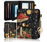 Bistup Wallet for Women Cute Small Card Wallet Genuine Leather Rfid with Keychain for Ladies Teen Girls Female Bifold Credit Card Holder, Mushroom Moon, Mushroom Moon