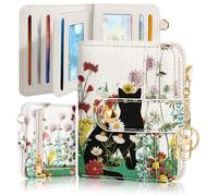 Bistup Wallet for Women Cute Small Card Wallet Genuine Leather RFID with Keychain for Ladies Teen Girls Female Girly Aesthetic Cat Flower Kawaii Unique Pretty Modern Bifold Credit Card Holder