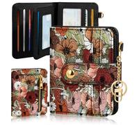 Bistup Wallet for Women Cute Small Card Wallet Genuine Leather RFID with Keychain for Ladies Teen Girls Female Girly Aesthetic Flower Kawaii Unique Pretty Modern Bifold Credit Card Holder