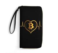 Bitcoin Heartbeat Long Wallet PU Leather Credit Card Holder Money Clip Purse with Hand Strap
