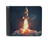 Bitcoin Rocket Leather Bifold Wallet for Men Slim Card Cases with 6 Slot Minimalist Purse Coin Clip