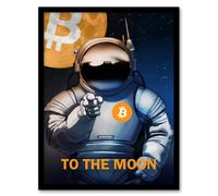 Bitcoin To Moon Crypto Astronaut Satoshi Framed Wall Art Print Artery8 Dark Blue A4