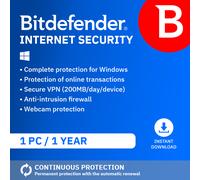 Bitdefender Internet Security 2025 | 1 PC | 1 Year | Windows 11, 10, 8, 7 | UK Edition