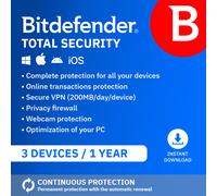 Bitdefender Total Security 2025 | 3 Devices | 1 year | Automatic renewal | UK Edition
