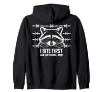 Bite First Questions Later, Cute Raccoon Behind Barbed Wire Zip Hoodie