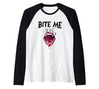 Bite Me Bloody Kiss Mouth Vampire Teeth Raglan Baseball Tee