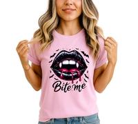 Bite Me Vampire Lips Halloween Womens Graphic T-Shirt Spooky Goth Tee S (8-10) Light Pink